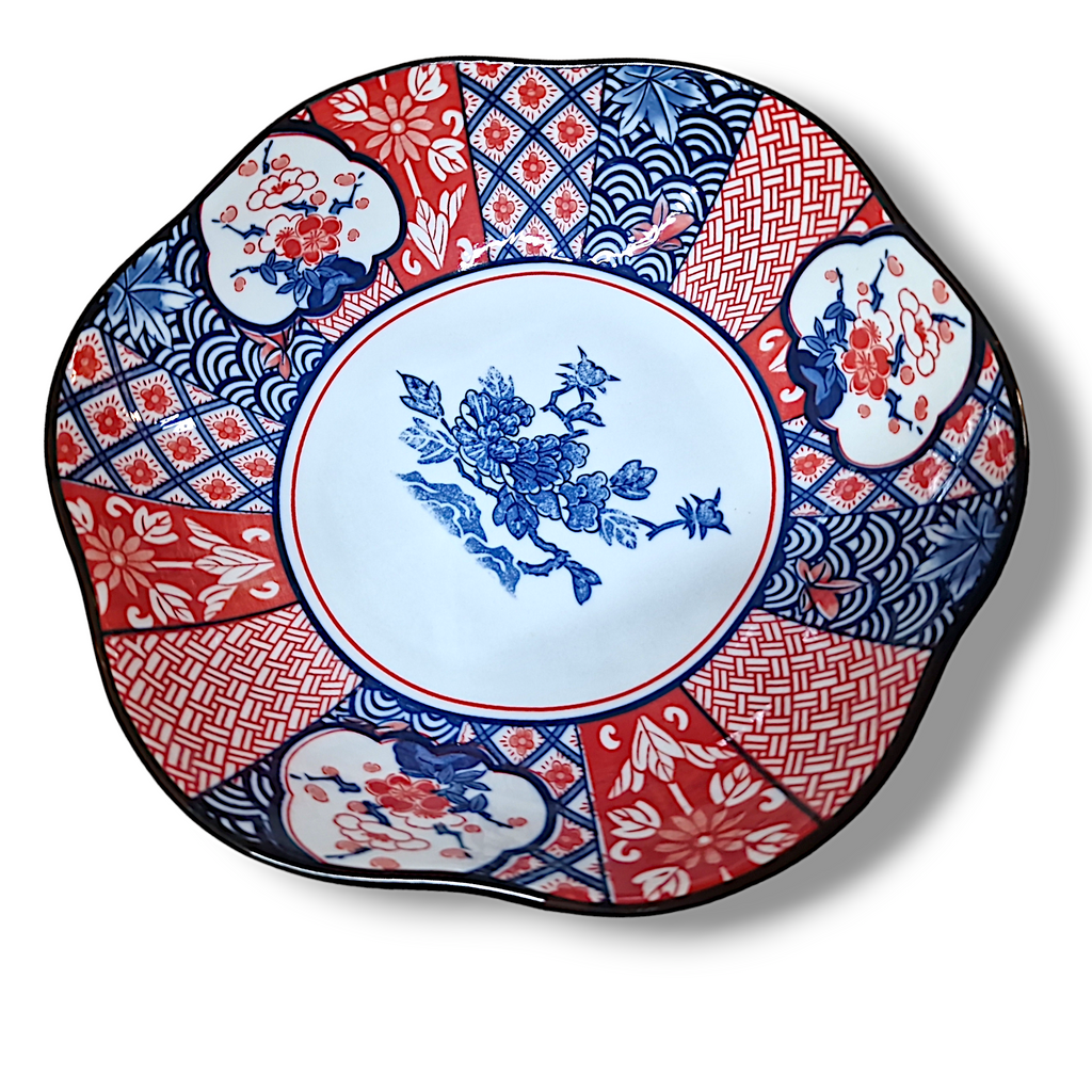 Blomfat japansk blå röd imari porslin